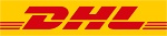 Logo DHL in rosso su sfondo giallo con linee orizzontali.