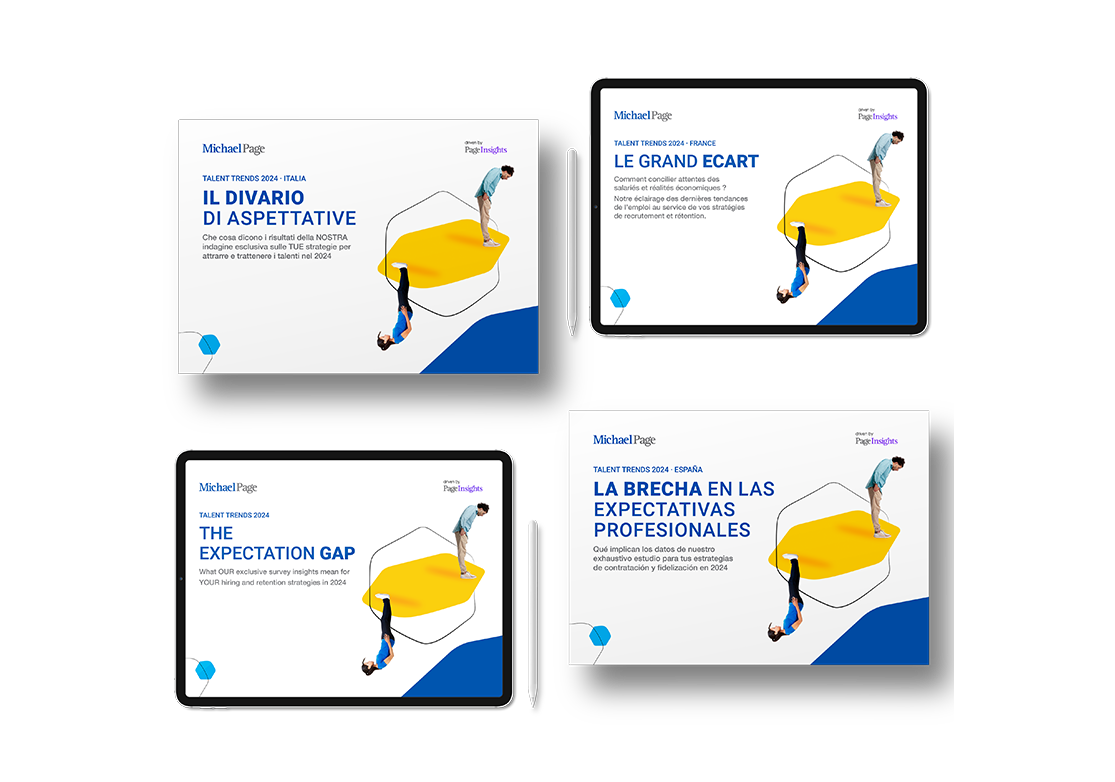 Copertine di report su tendenze lavorative per Italia, Francia, Spagna, e in inglese.