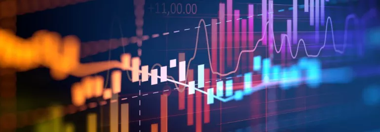 Grafico colorato con linee e barre su sfondo blu.