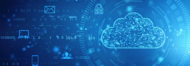 Illustrazione di tecnologia cloud con dati binari e icone digitali.