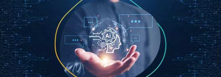 Unità di intelligenza artificiale tenuta in mano con sfondo tecnologico.