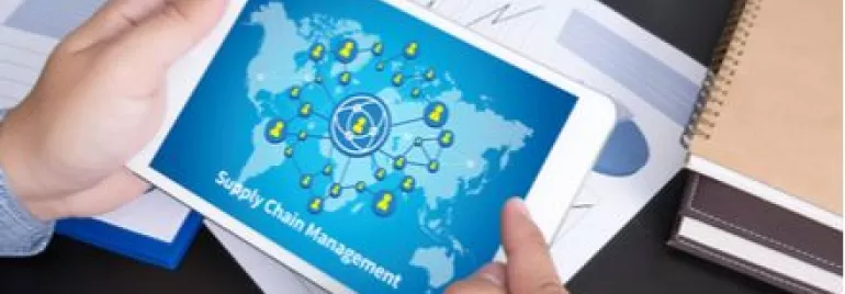 Persona tiene tablet con schermo di gestione della catena di fornitura.