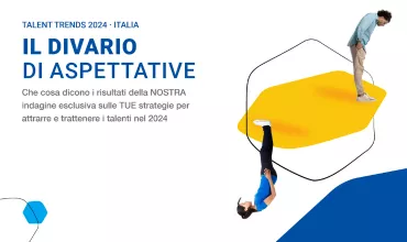 Copertina rapporto Talent Trends 2024 Italia con persone e forme geometriche