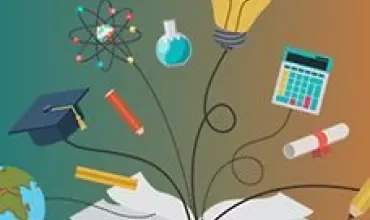 Libro aperto con simboli di istruzione che emergono come una lampadina e un globo.