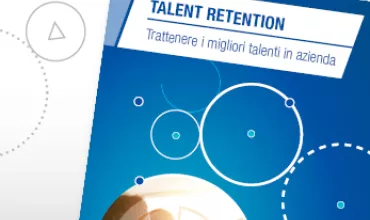 Copertina di un opuscolo intitolato 'Talent Retention' con grafica di cerchi blu chiari.
