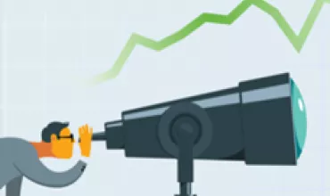 Persona osserva grafico in crescita attraverso un telescopio.