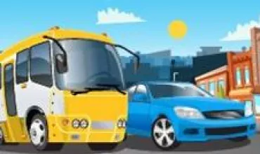 Illustrazione di un autobus giallo e un'auto blu su strada cittadina.